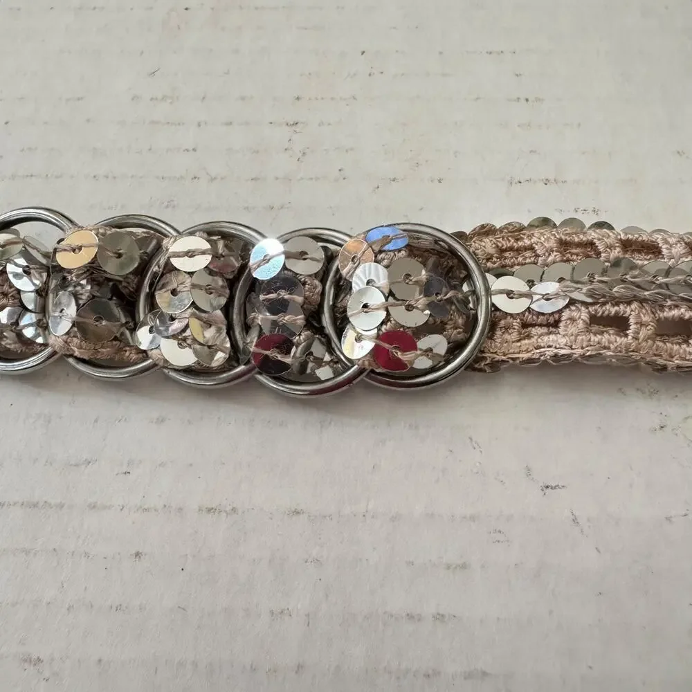 Vintage Sequin Crochet Ring Belt Silver Circles Tie Closure 1970s Small/Medium